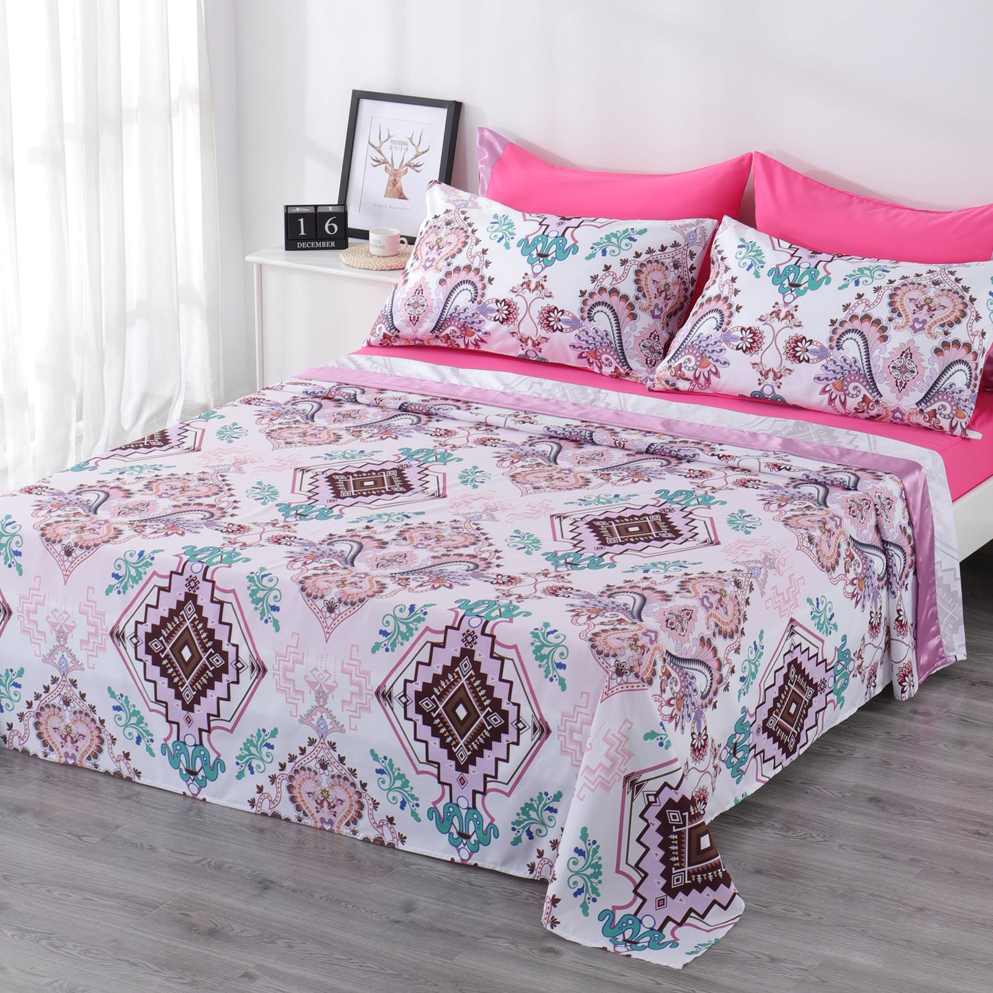 6 Piece Bed Sheet set-White Geometrical