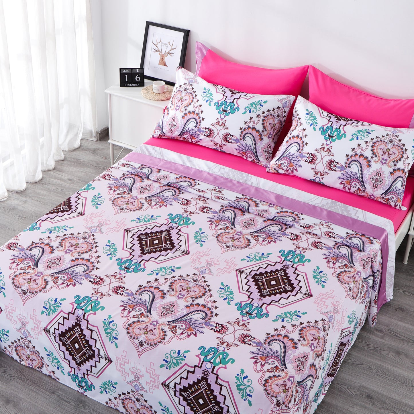 6 Piece Bed Sheet set-White Geometrical